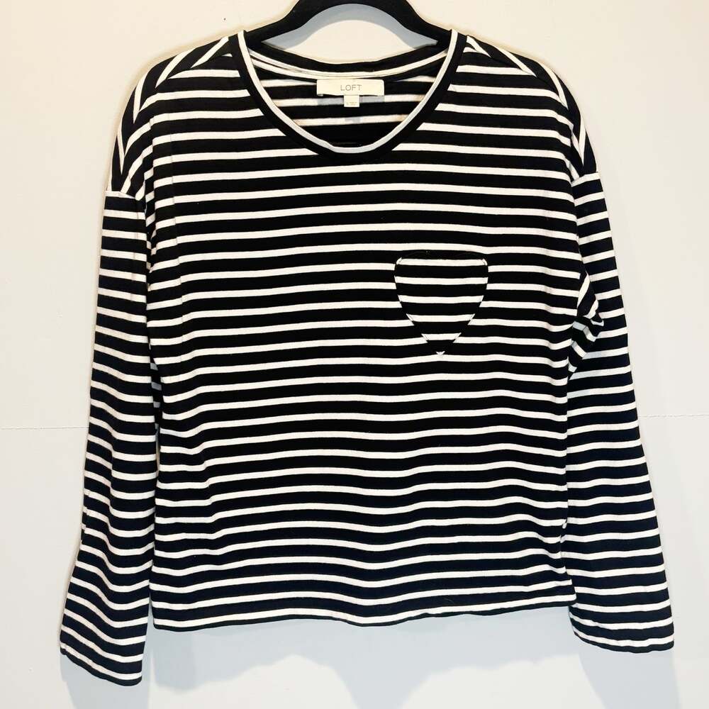 Ann Taylor Loft Black & White Stripe Cotton Long Sleeve Tee - size Small